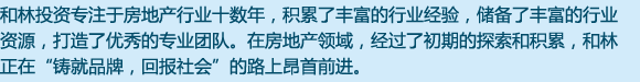 和林投資專于房地產(chǎn)行業(yè)十數(shù)年，積累了豐富的行業(yè)經(jīng)驗，儲備了豐富的行業(yè)資源，打造了優(yōu)秀的專業(yè)團隊。在房地產(chǎn)領(lǐng)域，經(jīng)過了初期的探索和積累，和林目前正在“鑄就品牌，回報社會”的路上昂首前行。